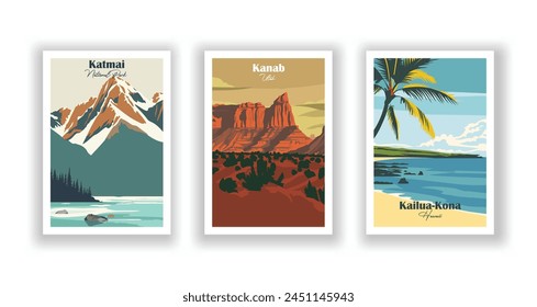 Kailua-Kona, Hawái, Kanab, Utah, Katmai, Parque Nacional - afiche de viaje de Antiguas. Ilustración vectorial. Impresiones de alta calidad