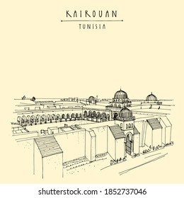 Kairouan, Tunisia hand drawn postcard. Mosque in Kairouan, Tunisia, North Africa. Authentic Arabic exterior. Trave sketch. Touristic poster, postcard or book illustration. EPS10 vector illustration