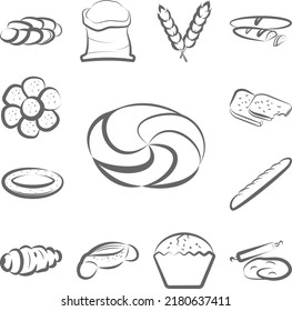 Kaiser roll, bread hand drawn icon in a collection with other items