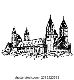 Kaiserdom zu Speyer, Germany. Roman Catholic Romanesque Cathedral. Medieval castle. Hand drawn sketch. Black and white silhouette.  Imperial Cathedral Basilica of the Assumption and St Stephen. 