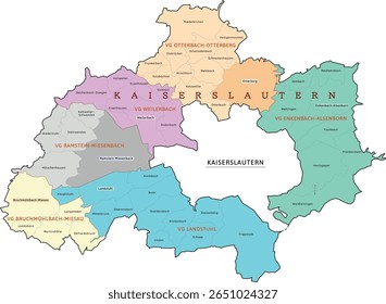 Mapa do distrito de Kaiserslautern de Renânia-Palatinado (Rheinland-Pfalz) República Federal da Alemanha Colorido. Vetor