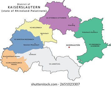 Kaiserslautern verbandsgemeinden map of Rhineland-Palatinate (Rheinland-Pfalz) state in Germany. Map with capitals. Vectored. Retro colors