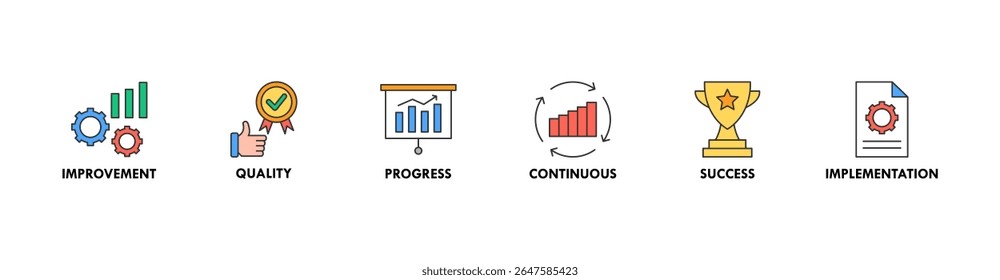 Kaizen banner web icon ilustração vetorial para filosofia de negócios e estratégia corporativa conceito de melhoria contínua com qualidade, progresso, contínua, sucesso e implementação ícone