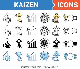 Kaizen para filosofia de negócios e ícone de estratégia corporativa definido com coleção de vários estilos.