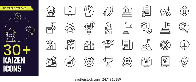 KAIZEN editable stroke icon collections Japanese business strategy, continuous improvement, kanban method, quality, advancement, success, implementation. Stroke icon collections