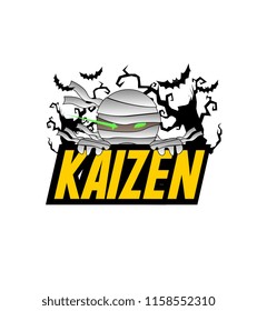 Kaizen has mean japanese event, beautiful greeting card or label with mummy illustratition for halloween theme, vector background, poster or banner