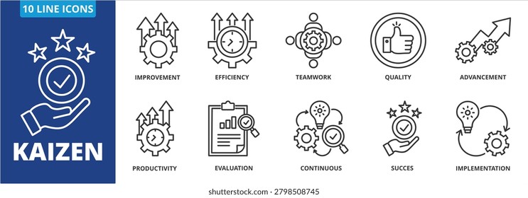  kaizen icon collection set. Containing Improvement, efficiency, teamwork, quality, advancement, productivity, icon. simple line vector.