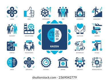 Kaizen icon set. Improvement, Strategy, Change Good, Business Process, Efficiency, Team Spirit, Continuous, Success. Duotone color solid icons