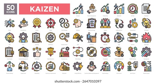 Conjunto de colecciones de iconos Kaizen para la mejora continua, la eficacia, la gestión de la calidad, la innovación y la estrategia empresarial. Perfecto para presentaciones, infografías y materiales profesionales.
