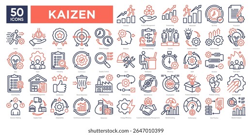 Conjunto de colecciones de iconos Kaizen para la mejora continua, la eficacia, la gestión de la calidad, la innovación y la estrategia empresarial. Perfecto para presentaciones, infografías y materiales profesionales.
