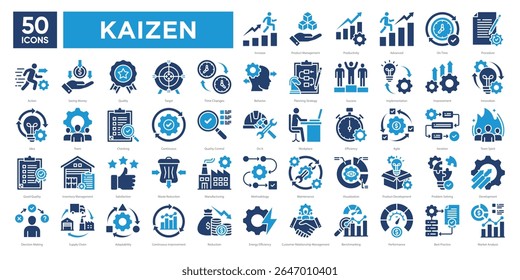 Kaizen icons collection set for continuous improvement,efficiency,quality management,innovation,and business strategy. Perfect for presentations, infographics, and professional materials.