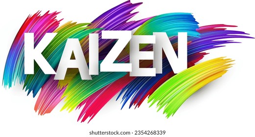 Kaizen paper word sign with colorful spectrum paint brush strokes over white. Vector illustration.