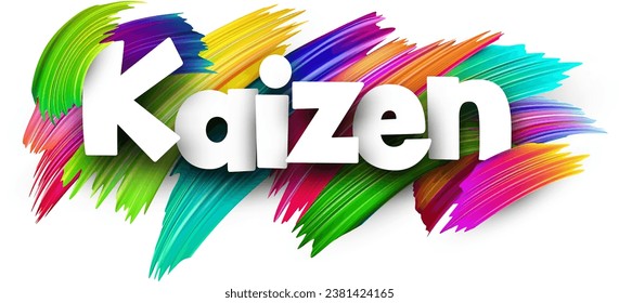 Kaizen paper word sign with colorful spectrum paint brush strokes over white. Vector illustration.