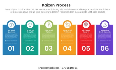 Infografía del proceso Kaizen con Vertical de caja grande y círculo en la parte superior con 6 puntos de paso para el Vector de presentación de diapositivas