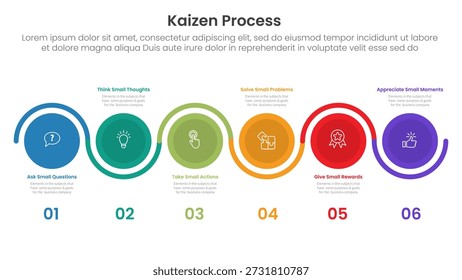 Infografía del proceso de Kaizen con la línea de círculo grande que sube y baja con 6 puntos de paso para el Vector de presentación de diapositivas