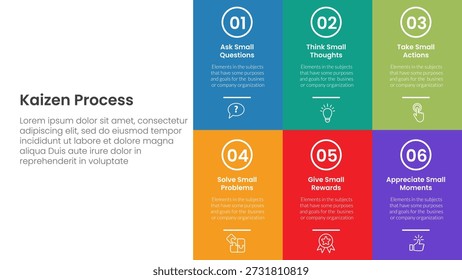 Infografía del proceso de Kaizen con caja grande de página completa en el lado derecho con 6 puntos de paso para el Vector de presentación de diapositivas