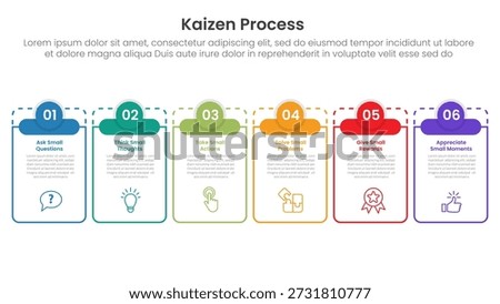 kaizen process infographic with big outline table and small circle header top with 6 step points for slide presentation vector