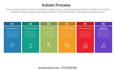 Infografía del proceso de Kaizen con la caja grande de la tabla Unite Cabecera oscura con 6 puntos del paso para el Vector de la presentación de la diapositiva