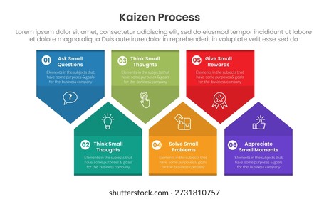 Infografía del proceso Kaizen con forma de insignia de marcador con 6 puntos de paso para el Vector de presentación de diapositivas