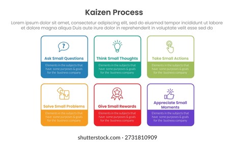 Infografía de proceso Kaizen con forma de contorno de caja con 6 puntos de paso para el Vector de presentación de diapositivas