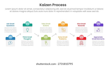 Infografía de proceso Kaizen con estilo de fecha de calendario arriba y abajo con 6 puntos de paso para el Vector de presentación de diapositivas