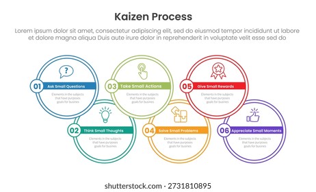 Infografía del proceso Kaizen con forma de contorno circular con 6 puntos de paso para el Vector de presentación de diapositivas