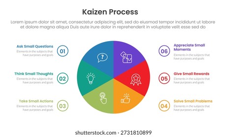 Infografía del proceso de Kaizen con información de gráfico circular circular con 6 puntos de paso para el Vector de presentación de diapositivas