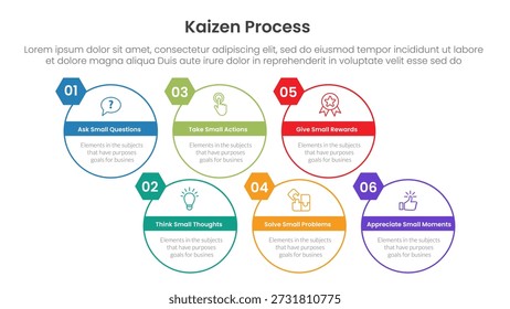 Infografía de proceso Kaizen con círculo redondo dirección derecha con 6 puntos de paso para el Vector de presentación de diapositivas