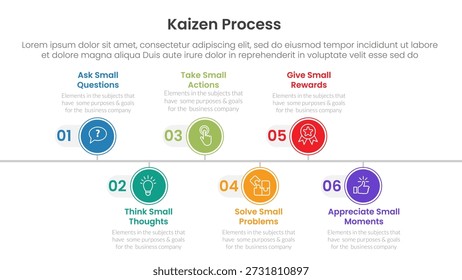 Infografía del proceso Kaizen con línea de tiempo circular Dirección correcta con 6 puntos de paso para el Vector de presentación de diapositivas
