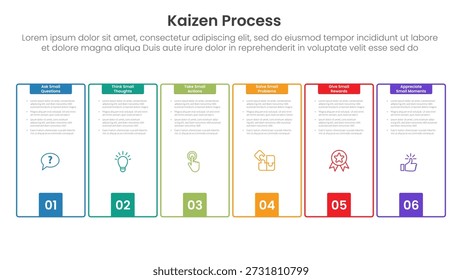 Infografía de proceso Kaizen con caja de contorno creativo con accesorios de fondo cuadrado con 6 puntos de paso para el Vector de presentación de diapositivas