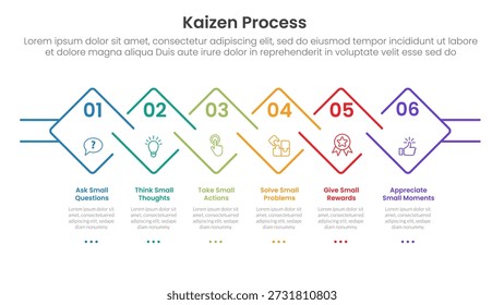 Infografía del proceso de Kaizen con cuadrado de contorno girado creativo en dirección Horizontal con 6 puntos de paso para el Vector de presentación de diapositivas