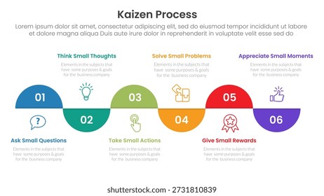 Infografía del proceso Kaizen con estilo inverso de línea de tiempo de semicírculo con 6 puntos de paso para el Vector de presentación de diapositivas