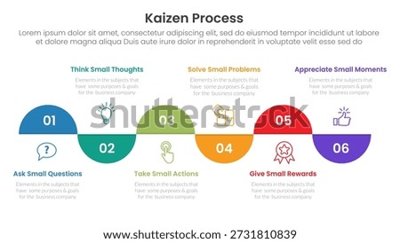 kaizen process infographic with half circle timeline reverse style with 6 step points for slide presentation vector