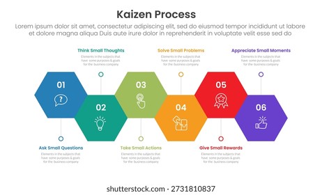 Infografía del proceso Kaizen con forma de hexágono Horizontal hacia arriba y hacia abajo con 6 puntos de paso para el Vector de presentación de diapositivas