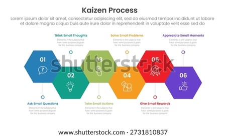 kaizen process infographic with hexagon shape horizontal up and down with 6 step points for slide presentation vector