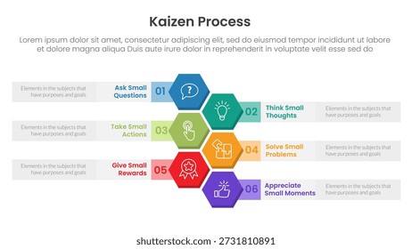 Infografía del proceso de Kaizen con dirección de diseño de Vertical hexagonal de panal con 6 puntos de paso para el Vector de presentación de diapositivas