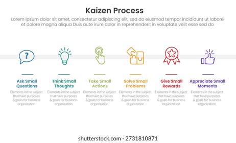 Infografía del proceso Kaizen con diseño simétrico de equilibrio Horizontal con 6 puntos de paso para el Vector de presentación de diapositivas