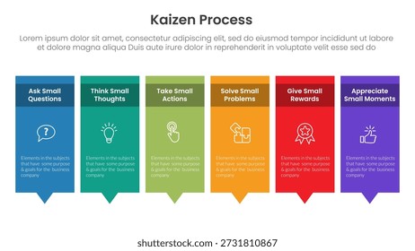 Infografía del proceso Kaizen con Anuncio de caja larga simétrica equilibrada con 6 puntos de paso para el Vector de presentación de diapositivas
