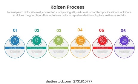 Infografía del proceso Kaizen con contorno circular y encabezado de la insignia con 6 puntos de paso para el Vector de presentación de diapositivas
