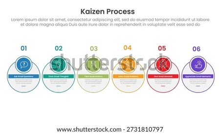 kaizen process infographic with outline circle and badge header with 6 step points for slide presentation vector