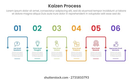 Infografía del proceso de Kaizen con esquema cuadrado hacia arriba y hacia abajo ciclo vinculado con 6 puntos de paso para el Vector de presentación de diapositivas