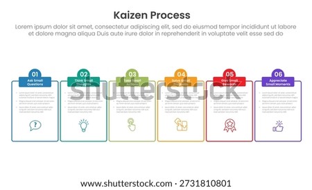 kaizen process infographic with outline table and half circle header with 6 step points for slide presentation vector