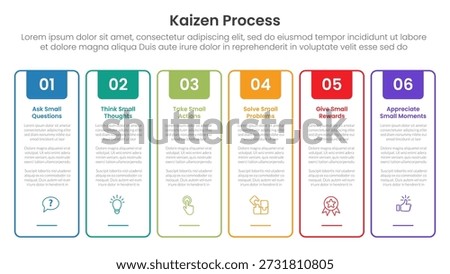 kaizen process infographic with outline tall box creative header badge with 6 step points for slide presentation vector