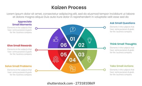 Infografía del proceso de Kaizen con forma circular de gráfico circular con 6 puntos de paso para el Vector de presentación de diapositivas