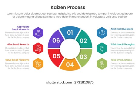 Infografía del proceso de Kaizen con forma circular de gráfico circular con 6 puntos de paso para el Vector de presentación de diapositivas