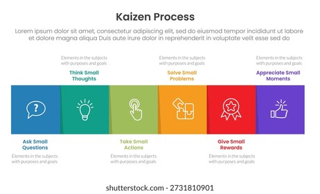 Infográfico de processo Kaizen com linha do tempo da caixa de direção direita com 6 pontos de passo para vetor de apresentação de slides