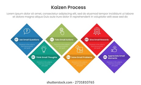 Infografía del proceso de Kaizen con caja cuadrada girada con 6 puntos de paso para el Vector de presentación de diapositivas