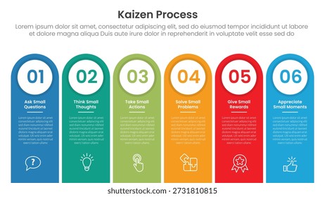 Infografía del proceso de Kaizen con forma de rectángulo redondo como contenedor con 6 puntos de paso para el Vector de presentación de diapositivas