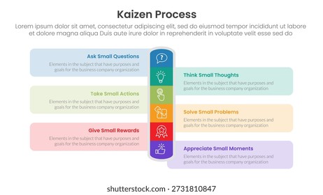 Infografía del proceso de Kaizen con forma de rectángulo de Vertical redonda con 6 puntos de paso para el Vector de presentación de diapositivas