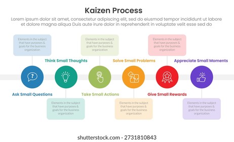 Infografía del proceso de Kaizen con Pequeño equilibrio circular Dirección correcta con 6 puntos de paso para el Vector de presentación de diapositivas